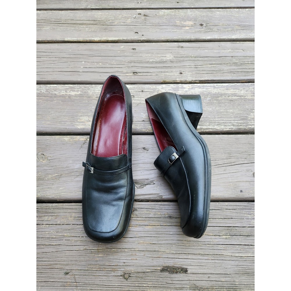 Vintage Naturalizer Loafer Pumps Black Leather Square Toe Block Heel Buckle 11 M